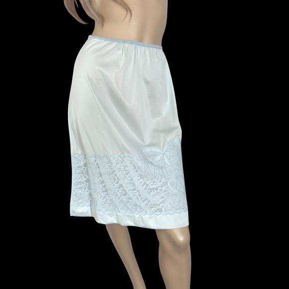 60s Vintage Pale Blue Nylon Slip‎ Skirt Heart Appliqués & Chiffon Lace | Size M - Picture 3 of 7